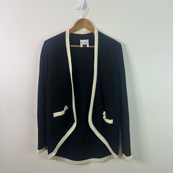 Edward Achour Paris Black Open Front Wool Preppy Cardigan Sweater Women's US 8 - Picture 1 of 13